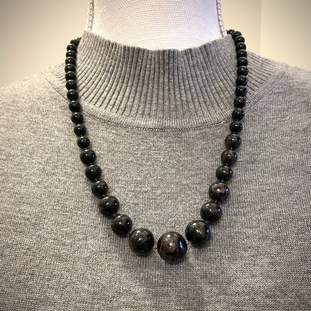 VTG Retro c1970-80s Chunky Resin Bead Necklace, Black Round Beads, 22" length